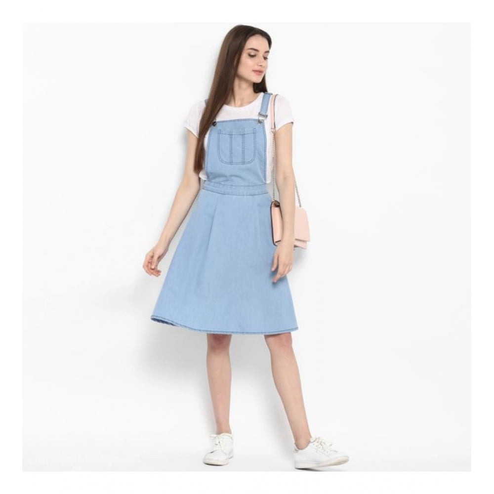 Snuggle Spot Women's Denim Solid Sleeveless Above Knee Dress (Blue)