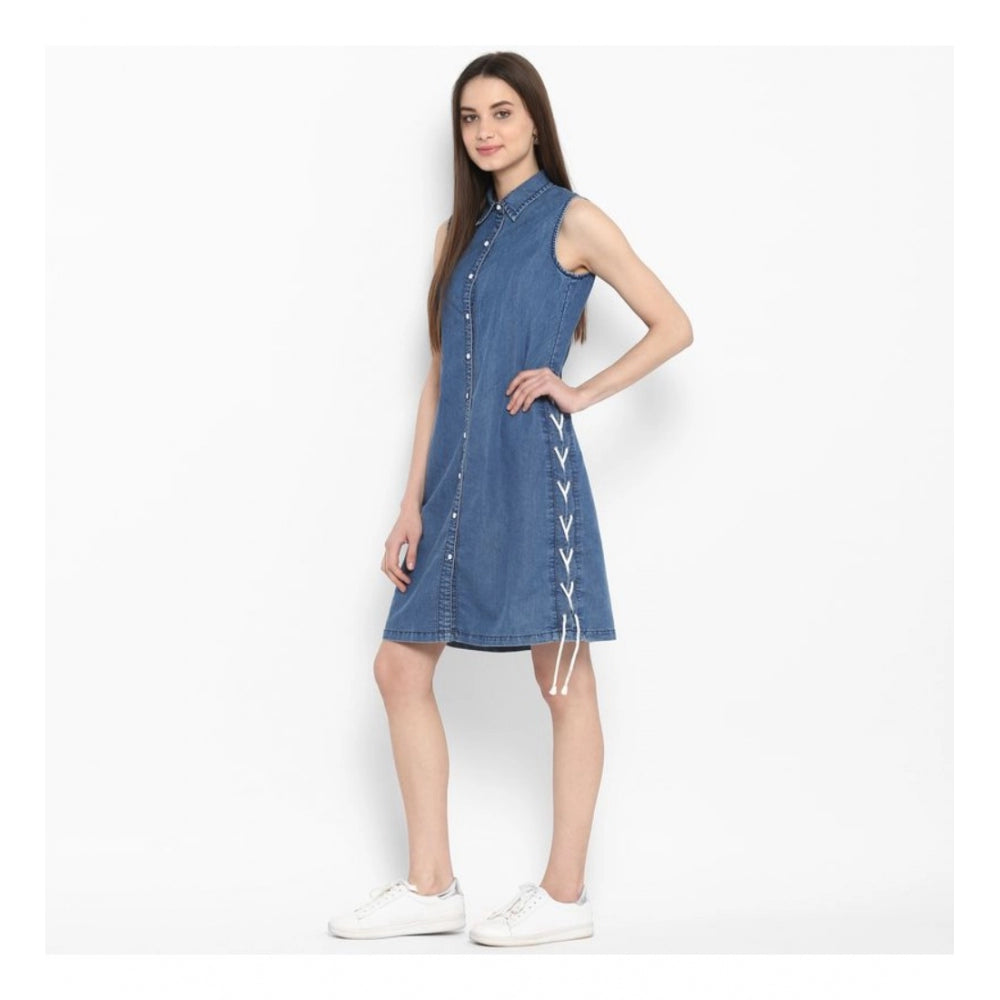 Snuggle Spot Women's Denim Solid Sleeveless Above Knee Dress (Blue)
