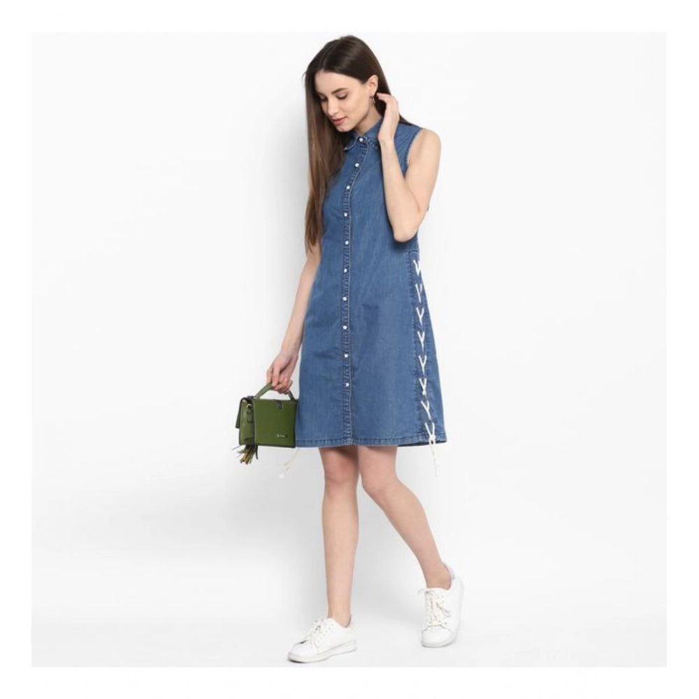 Snuggle Spot Women's Denim Solid Sleeveless Above Knee Dress (Blue)