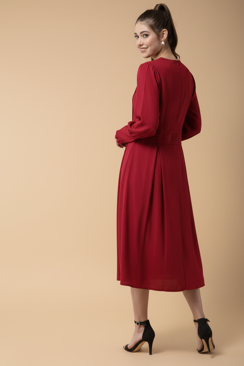 Snuggle Spot Women's Polyester Pintuck Long Sleeves Below Knee Dress (Red)
