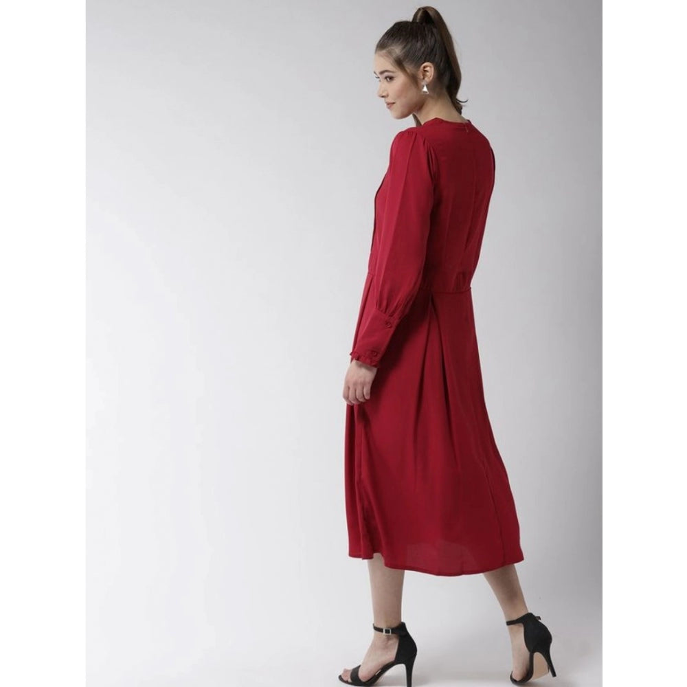 Snuggle Spot Women's Polyester Pintuck Long Sleeves Below Knee Dress (Red)