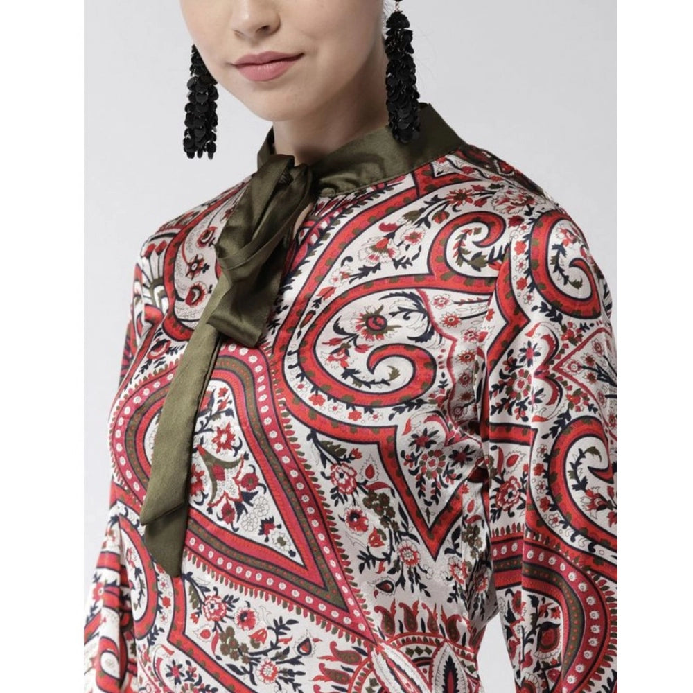 Snuggle Spot Women's Polyester Printed Long Sleeves Above Knee Dress (Red)