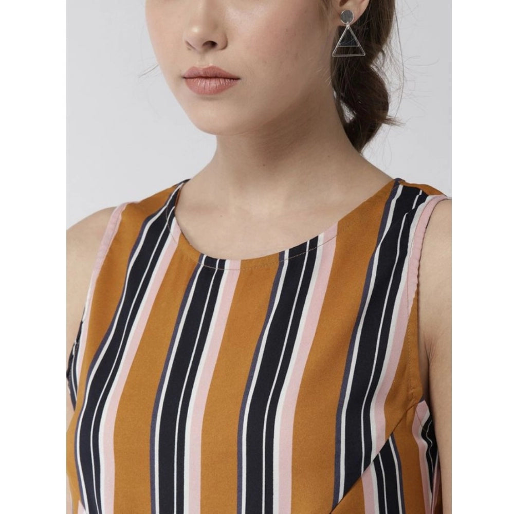 Snuggle Spot Women's Polyester Striped Sleeveless Below Knee Dress (Mustard)