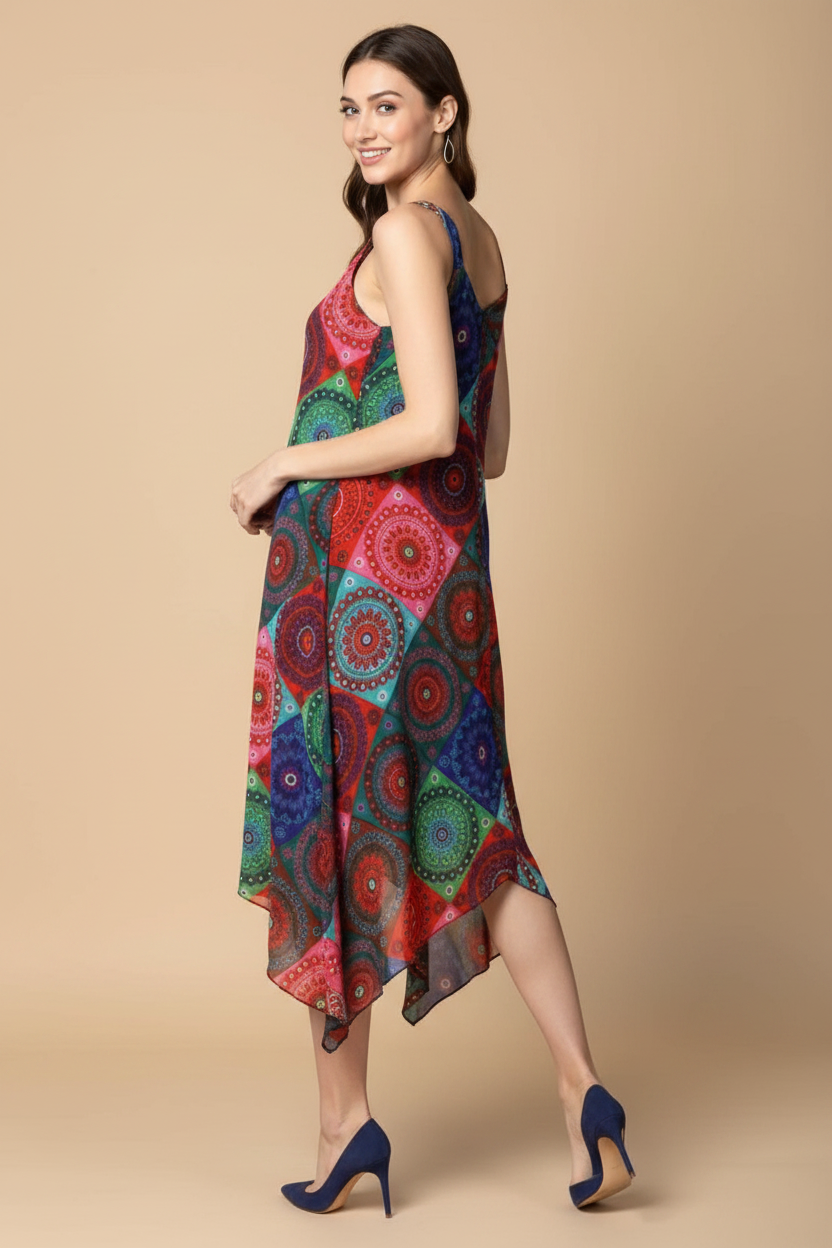 Snuggle Spot Women's Polyester Asymmetrical Shoulder Straps Knee-Length Dress (Multicolor)