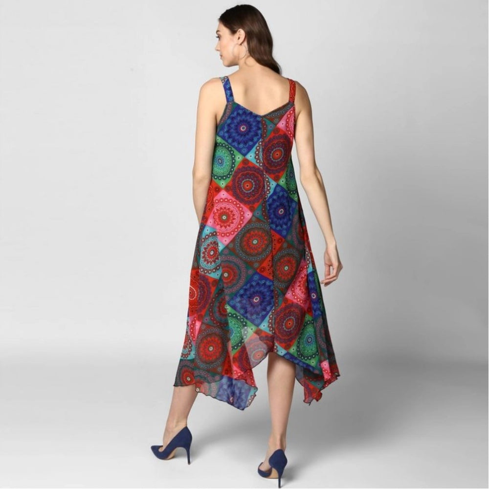 Snuggle Spot Women's Polyester Asymmetrical Shoulder Straps Knee-Length Dress (Multicolor)