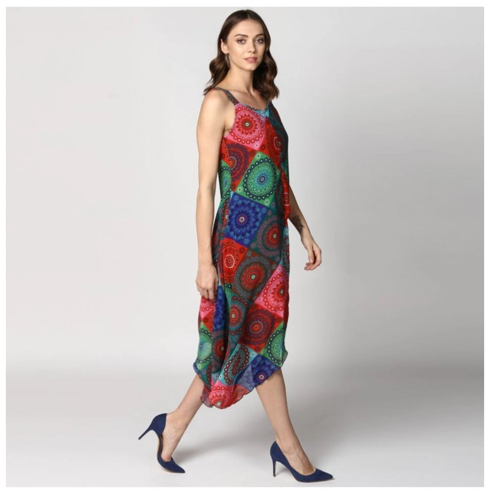 Snuggle Spot Women's Polyester Asymmetrical Shoulder Straps Knee-Length Dress (Multicolor)