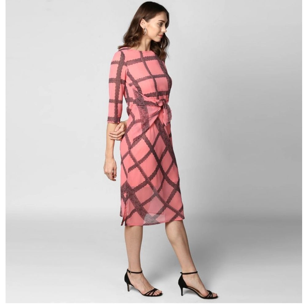 Snuggle Spot Women's Polyester Checkered 3-4th Sleeves Below Knee Dress (Pink - Black)