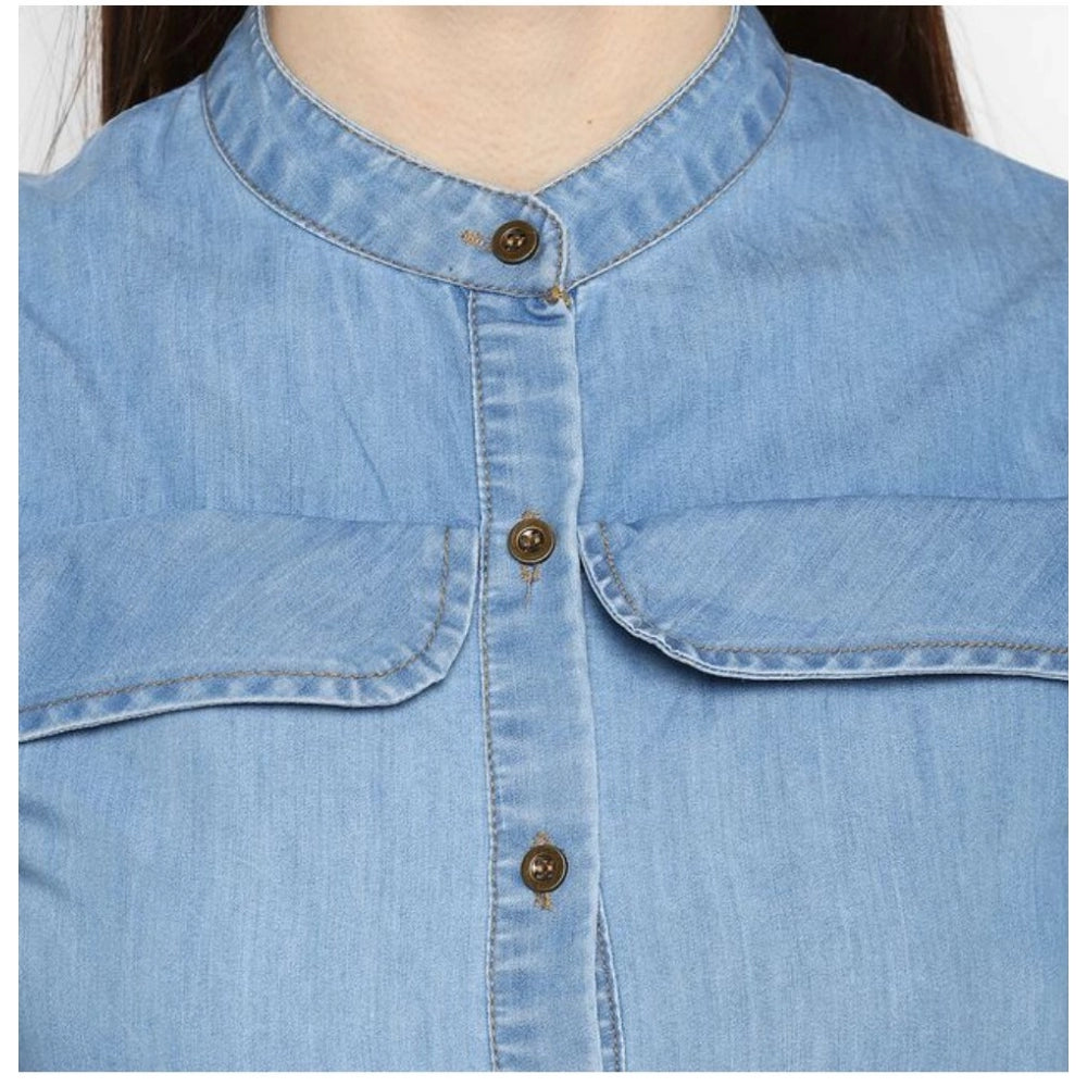 Snuggle Spot Women's Denim Solid Cold Shoulder Above Knee Dress (Blue)