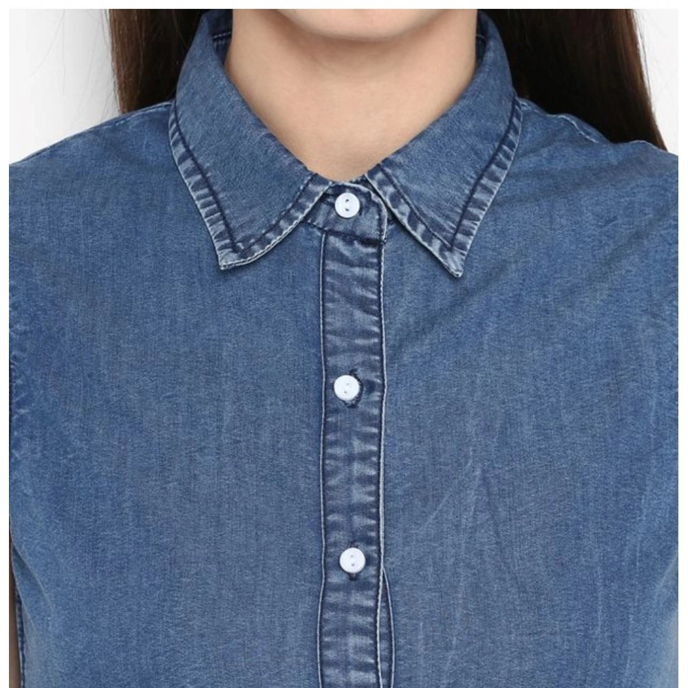 Snuggle Spot Women's Denim Solid Sleeveless Above Knee Dress (Blue)