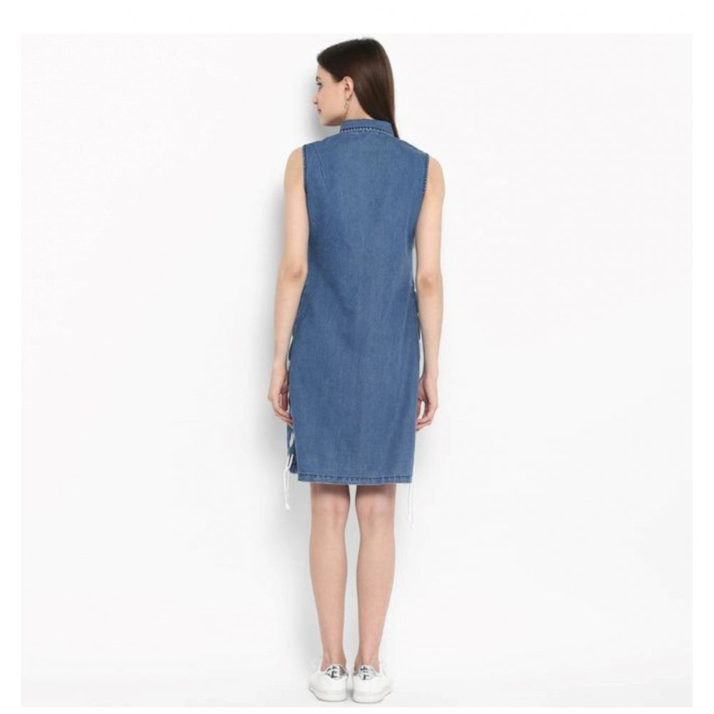 Snuggle Spot Women's Denim Solid Sleeveless Above Knee Dress (Blue)