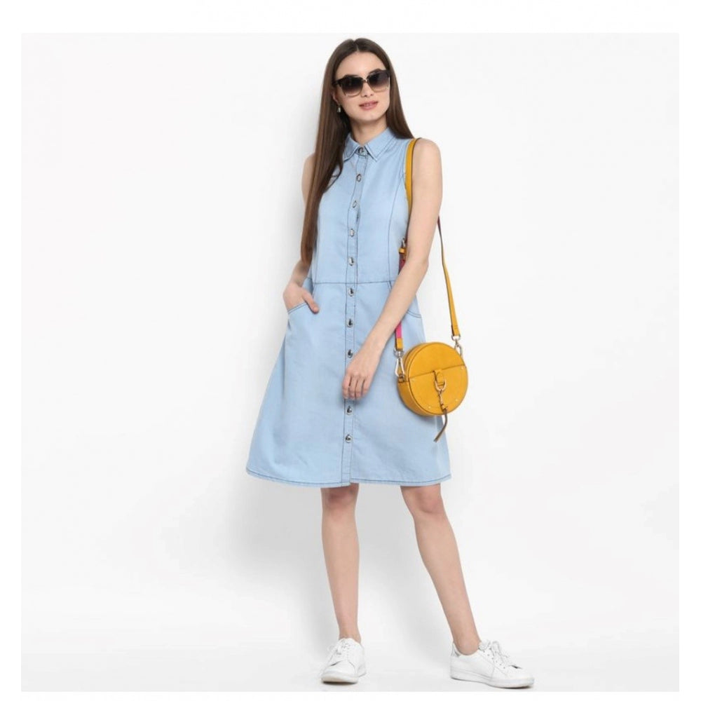 Snuggle Spot Women's Denim Solid Sleeveless Below Knee Dress (Blue)