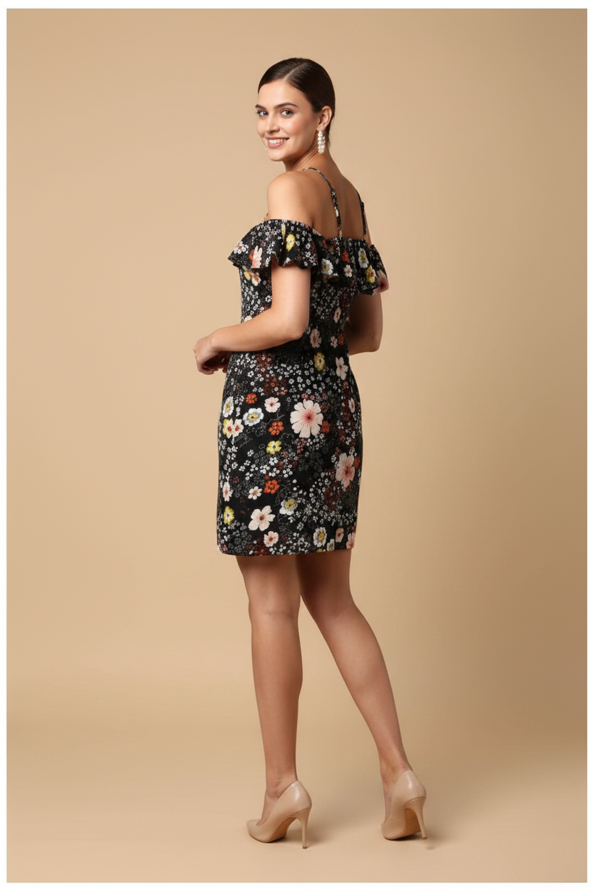 Snuggle Spot Women's Polyester Floral Cold Shoulder Above Knee Dress (Black)