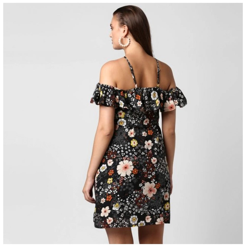 Snuggle Spot Women's Polyester Floral Cold Shoulder Above Knee Dress (Black)