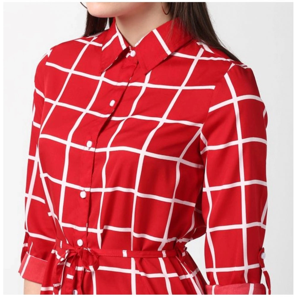 Snuggle Spot Women's Polyester Checkered Long Sleeves Above Knee Dress (Red)