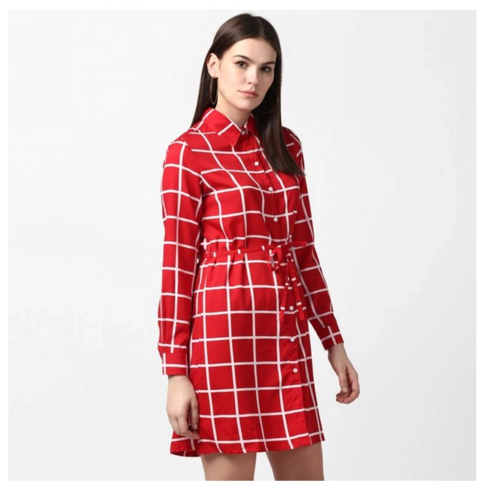 Snuggle Spot Women's Polyester Checkered Long Sleeves Above Knee Dress (Red)