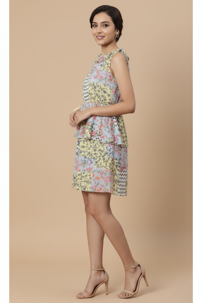 Snuggle Spot Women's Polyester Peplum Sleeveless Above Knee Dress (Multicolor)