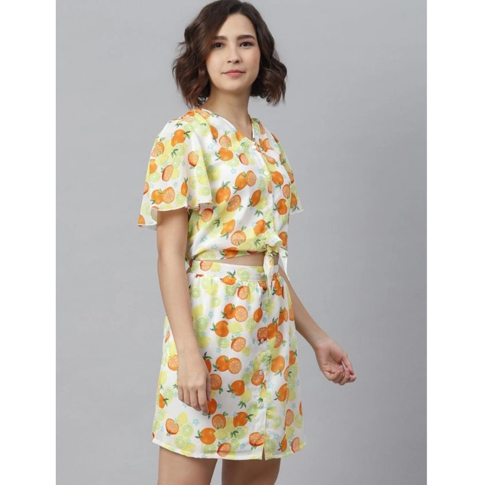 Snuggle Spot Women's Polyester Printed Flutter Above Knee Dress (Orange - Yellow)