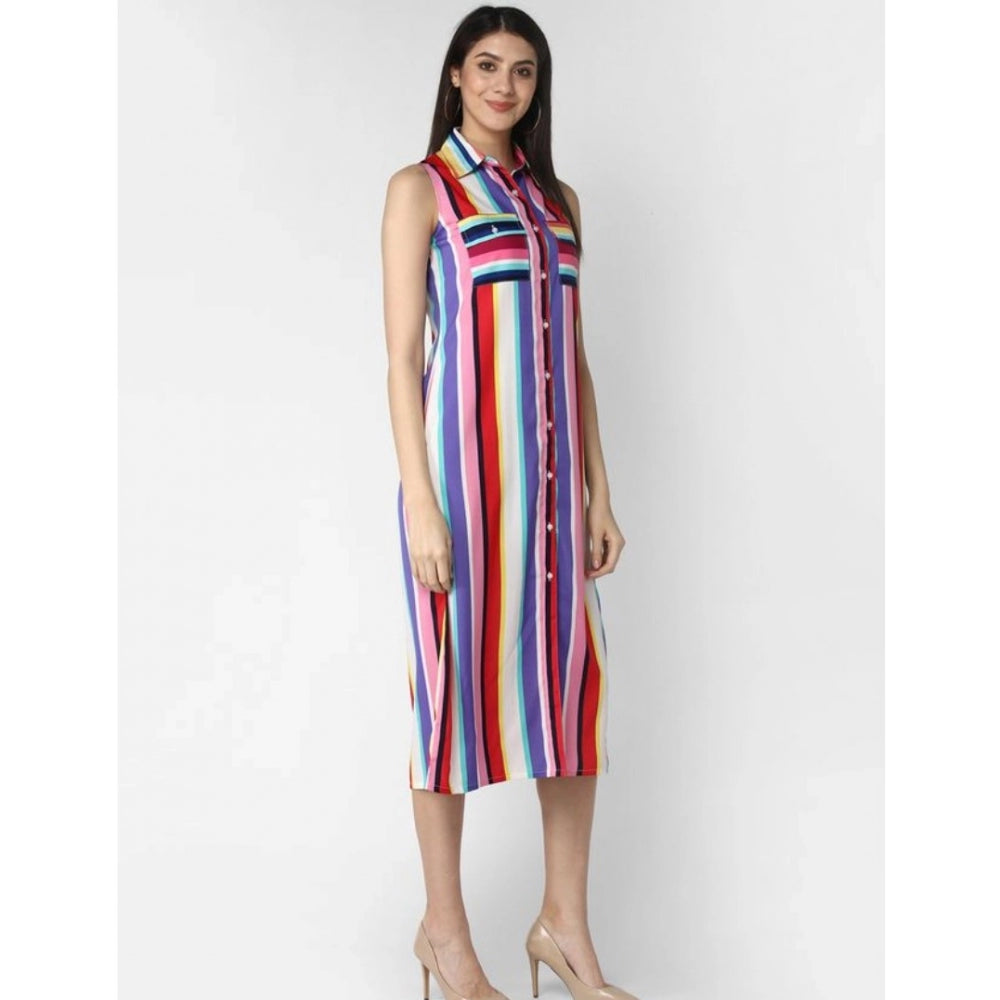 Snuggle Spot Women's Polyester Striped Sleeveless Calf-length Dress (Multicolor)