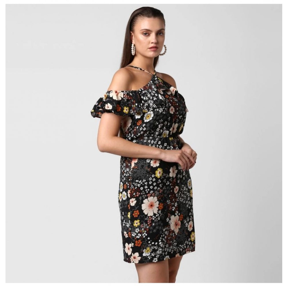 Snuggle Spot Women's Polyester Floral Cold Shoulder Above Knee Dress (Black)