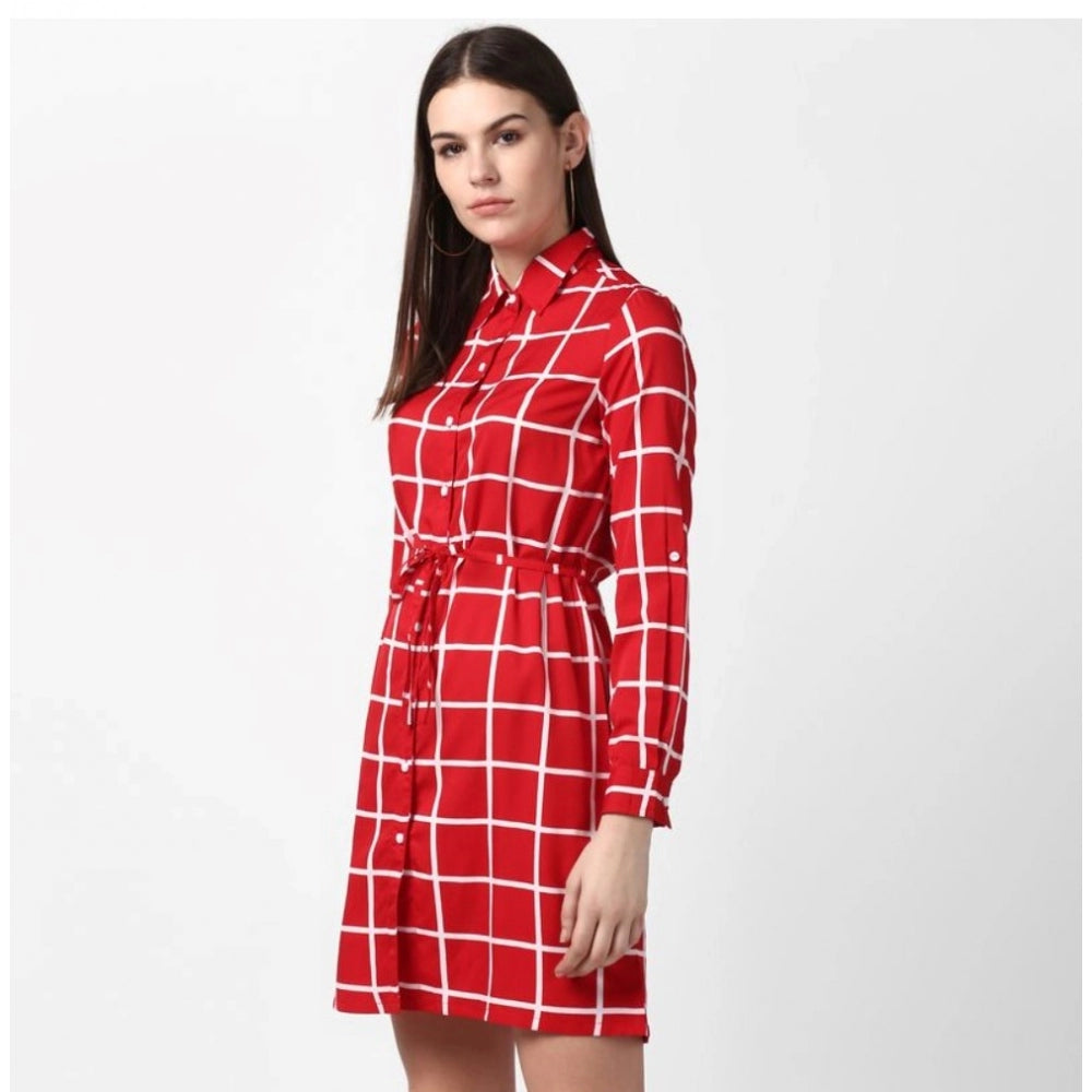 Snuggle Spot Women's Polyester Checkered Long Sleeves Above Knee Dress (Red)
