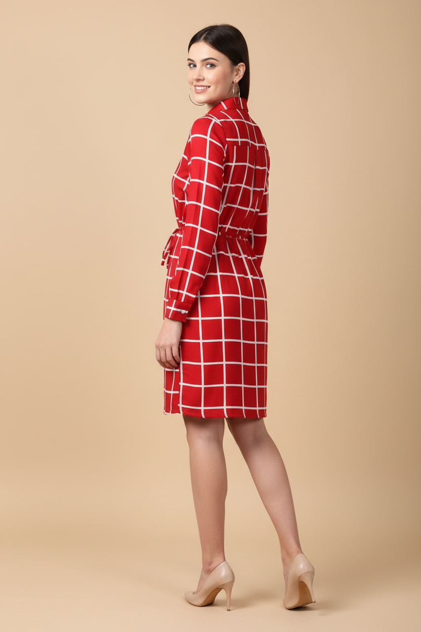 Snuggle Spot Women's Polyester Checkered Long Sleeves Above Knee Dress (Red)
