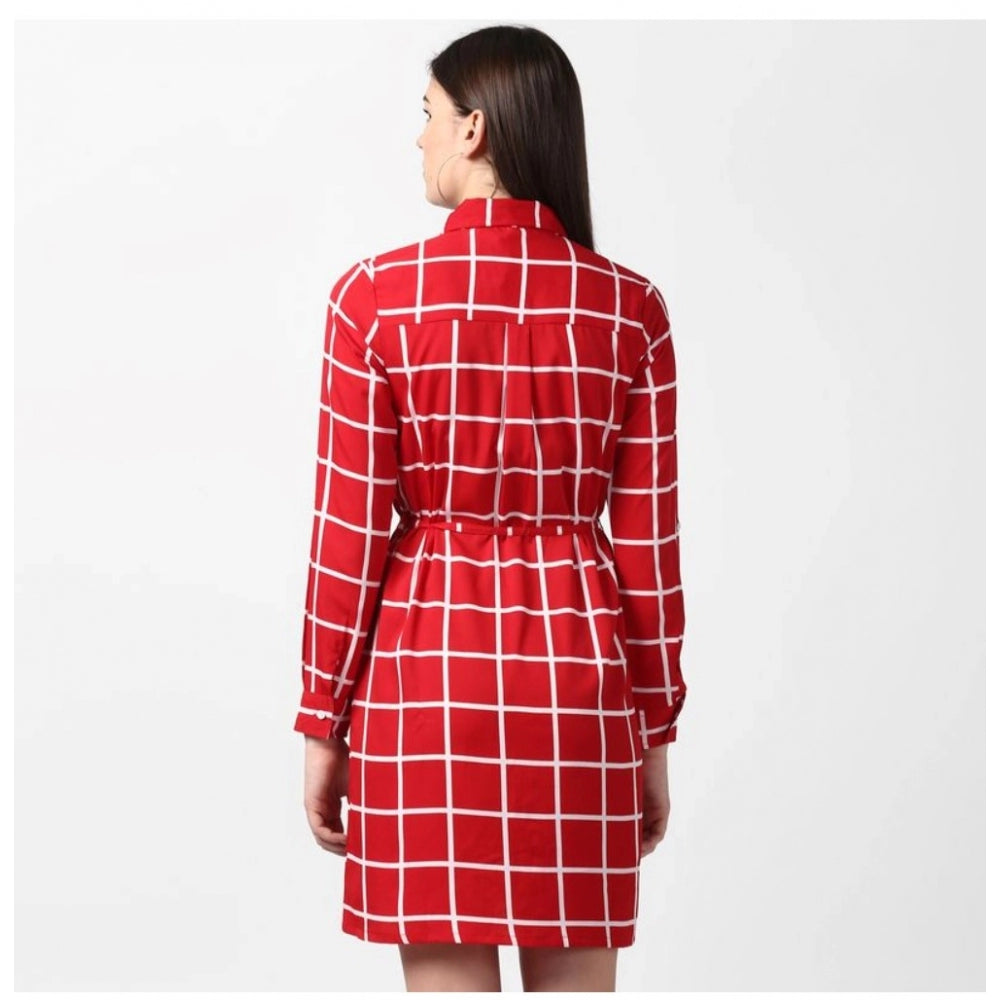 Snuggle Spot Women's Polyester Checkered Long Sleeves Above Knee Dress (Red)