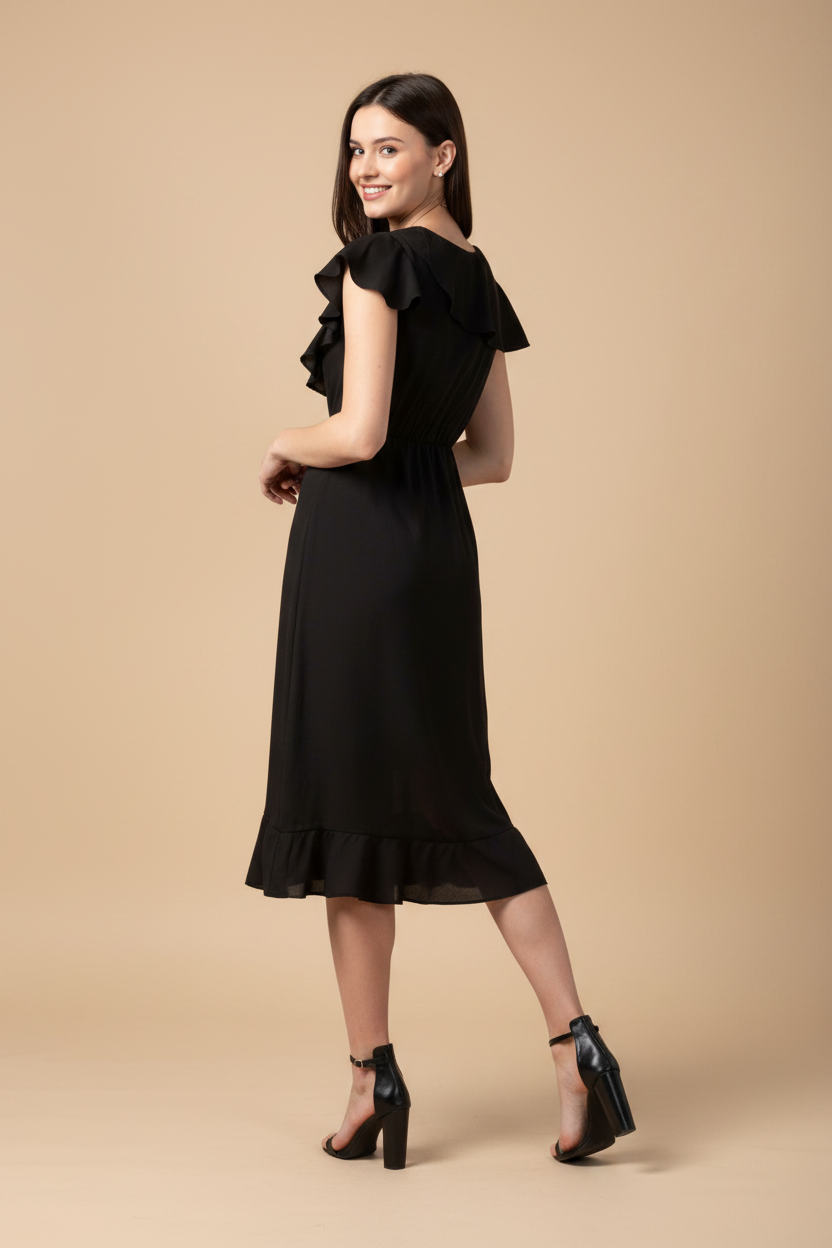 Snuggle Spot Women's Polyester Ruffled Cap Sleeve Knee-Length Dress (Black)