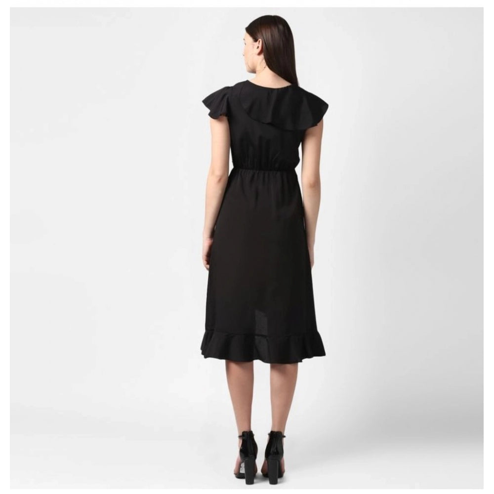 Snuggle Spot Women's Polyester Ruffled Cap Sleeve Knee-Length Dress (Black)