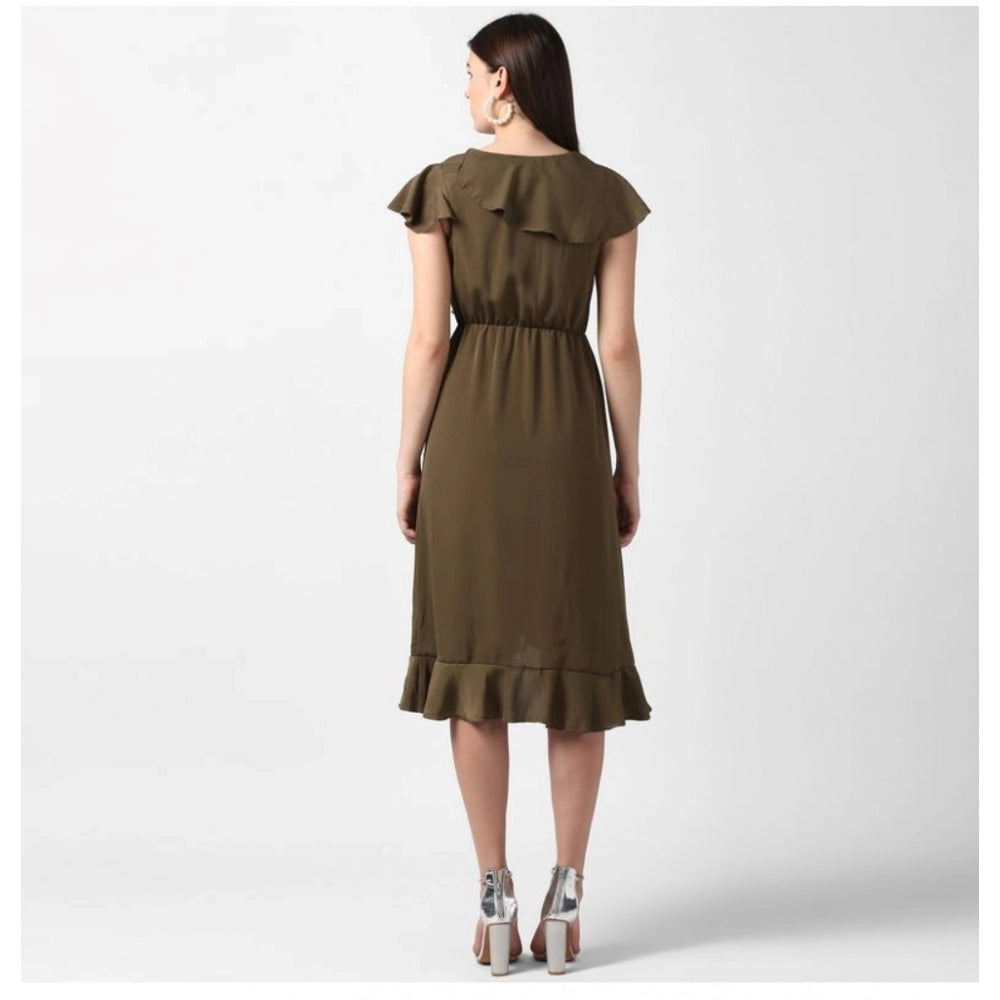 Snuggle Spot Women's Polyester Ruffled Cap Sleeve Knee-Length Dress (Olive)