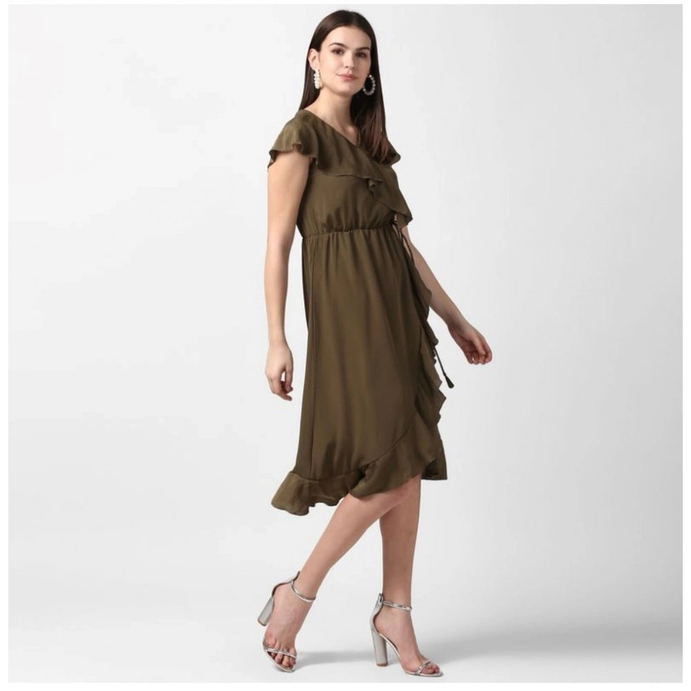 Snuggle Spot Women's Polyester Ruffled Cap Sleeve Knee-Length Dress (Olive)