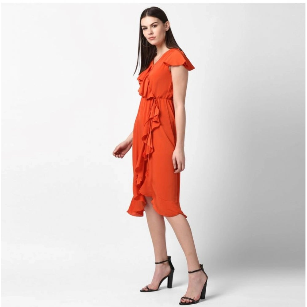 Snuggle Spot Women's Polyester Ruffled Cap Sleeve Knee-Length Dress (Orange)