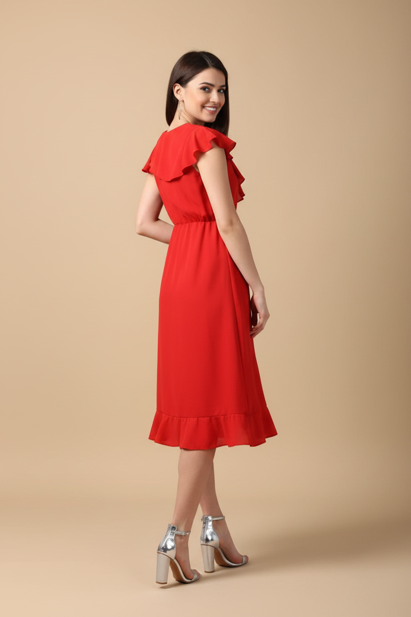 Snuggle Spot Women's Polyester Ruffled Cap Sleeve Knee-Length Dress (Red)