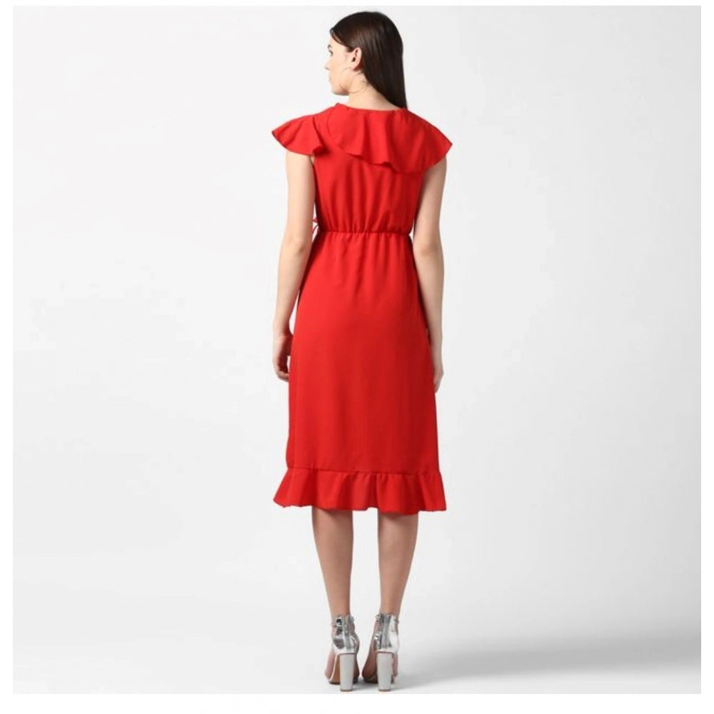 Snuggle Spot Women's Polyester Ruffled Cap Sleeve Knee-Length Dress (Red)