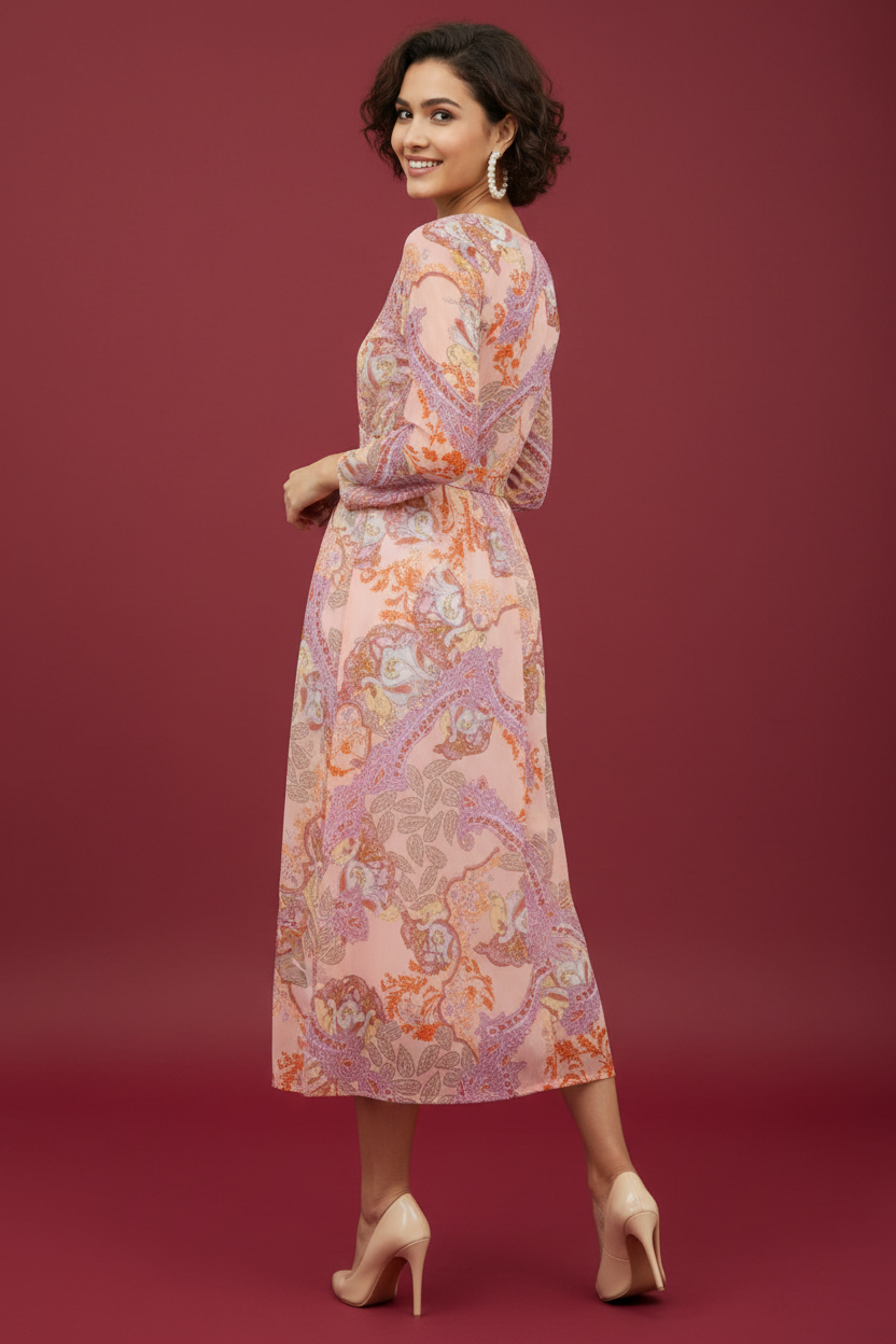 Snuggle Spot Women's Polyester Printed Long Sleeves Calf-length Dress (Multicolor)