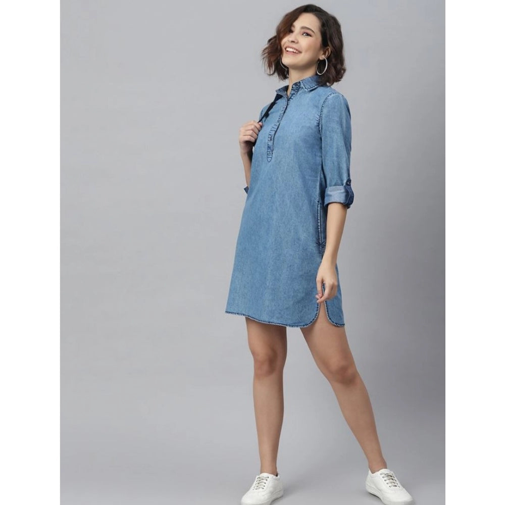 Snuggle Spot Women's Denim Solid Long Sleeves Above Knee Dress (Ice Blue)