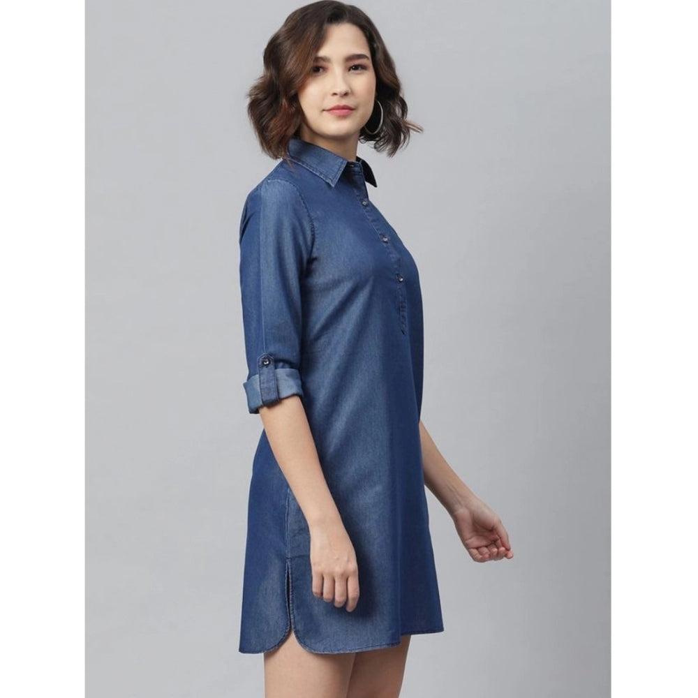 Snuggle Spot Women's Denim Solid Long Sleeves Above Knee Dress (Navy Blue)