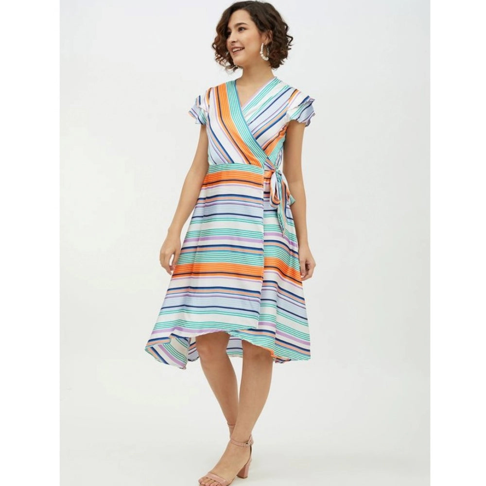 Snuggle Spot Women's Satin Striped Short Sleeve Knee-Length Dress (Multicolor)