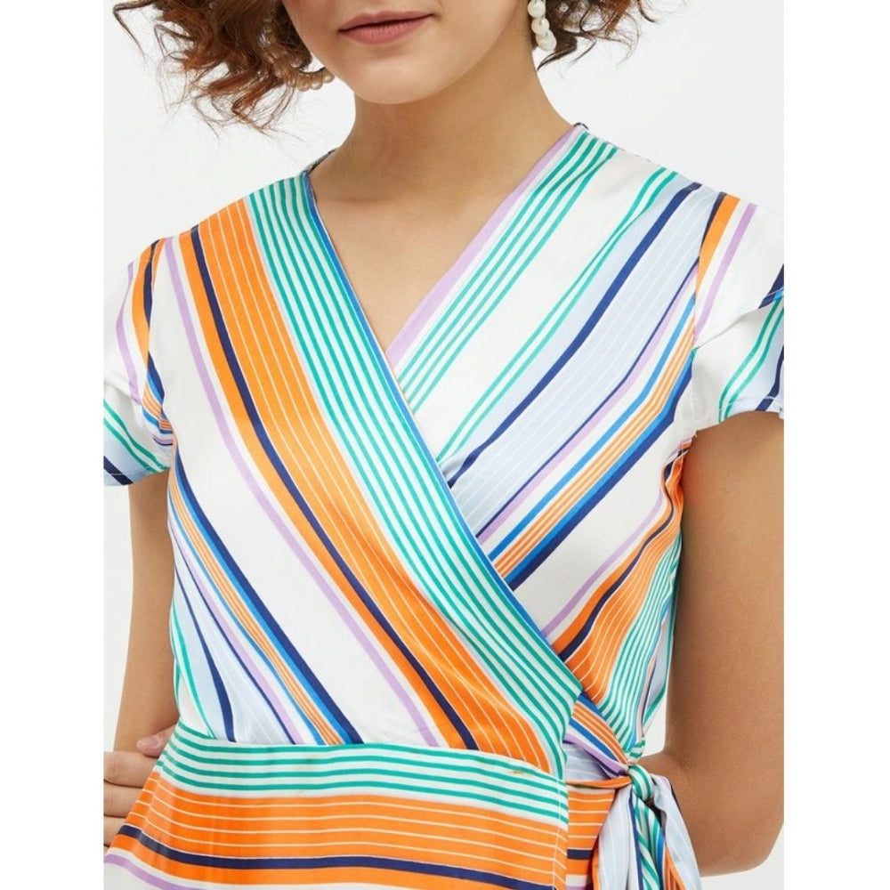 Snuggle Spot Women's Satin Striped Short Sleeve Knee-Length Dress (Multicolor)