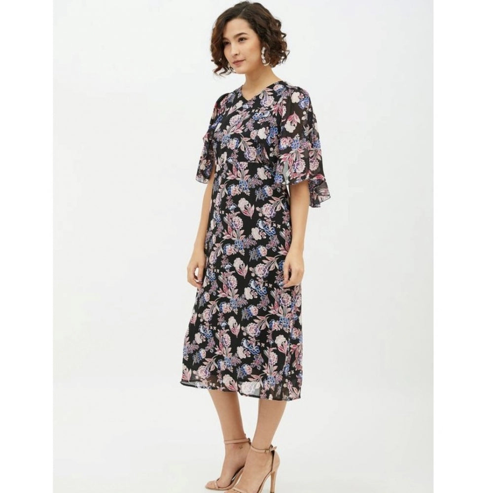 Snuggle Spot Women's Polyester Chain Print Cap Sleeve Calf-length Dress (Multicolor)