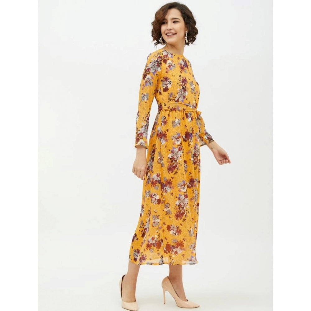 Snuggle Spot Women's Polyester Floral Long Sleeves Calf-length Dress (Multicolor)