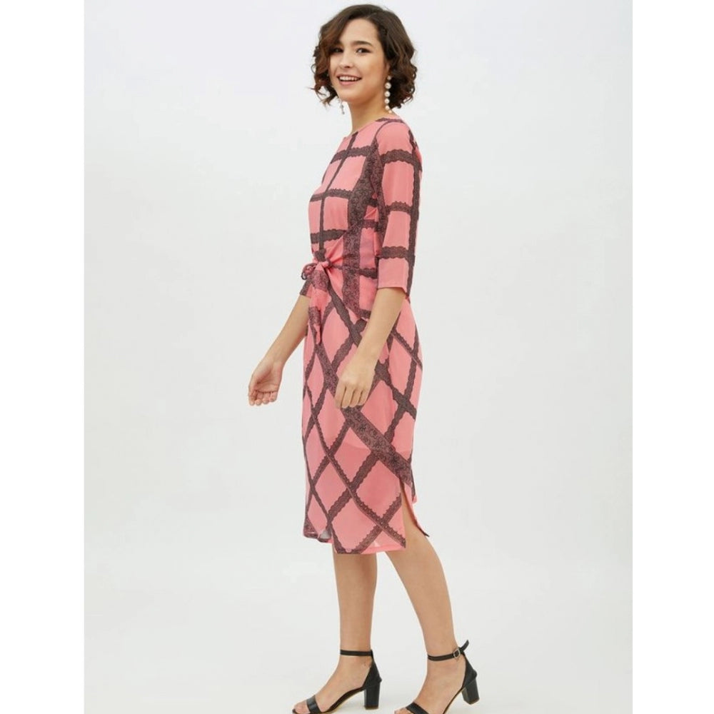 Snuggle Spot Women's Polyester Checkered 3-4th Sleeves Below Knee Dress (Pink)