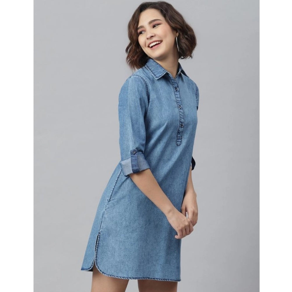 Snuggle Spot Women's Denim Solid Long Sleeves Above Knee Dress (Ice Blue)