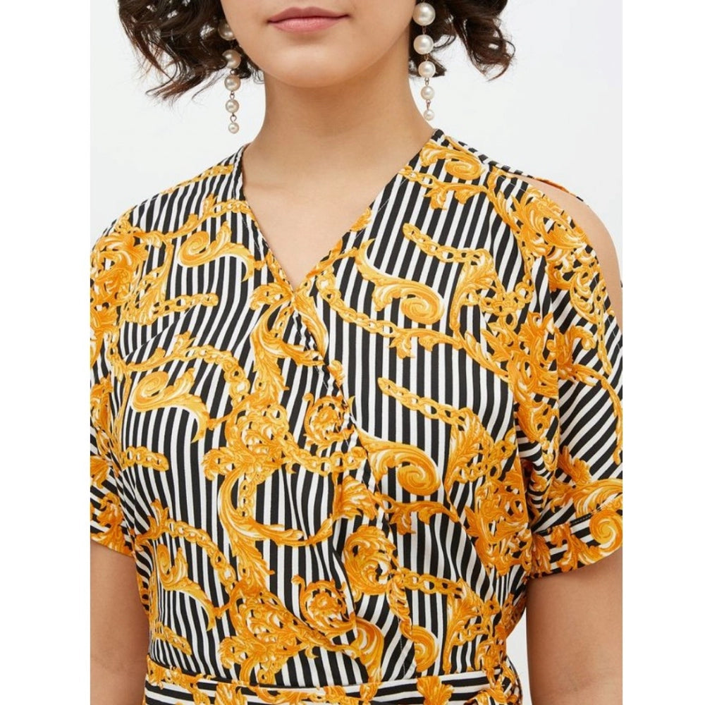 Snuggle Spot Women's Polyester Printed Half Sleeve Long Jumpsuit (Yellow)