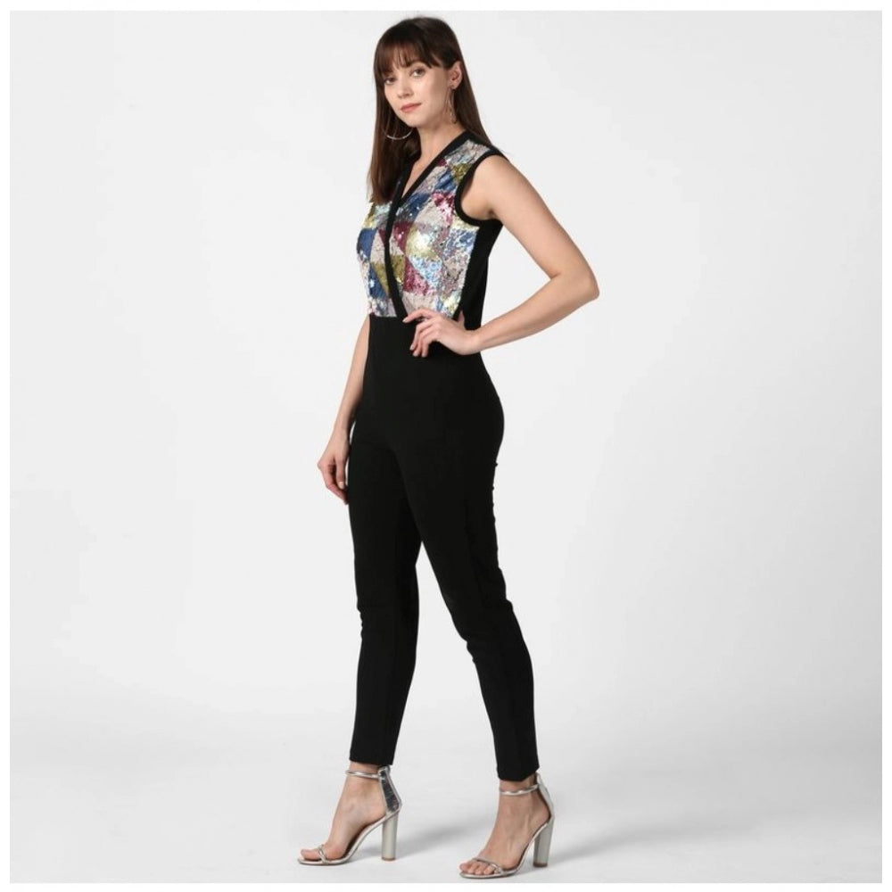 Snuggle Spot Women's Polyester Embellished Sleeveless Jumpsuit (Black)