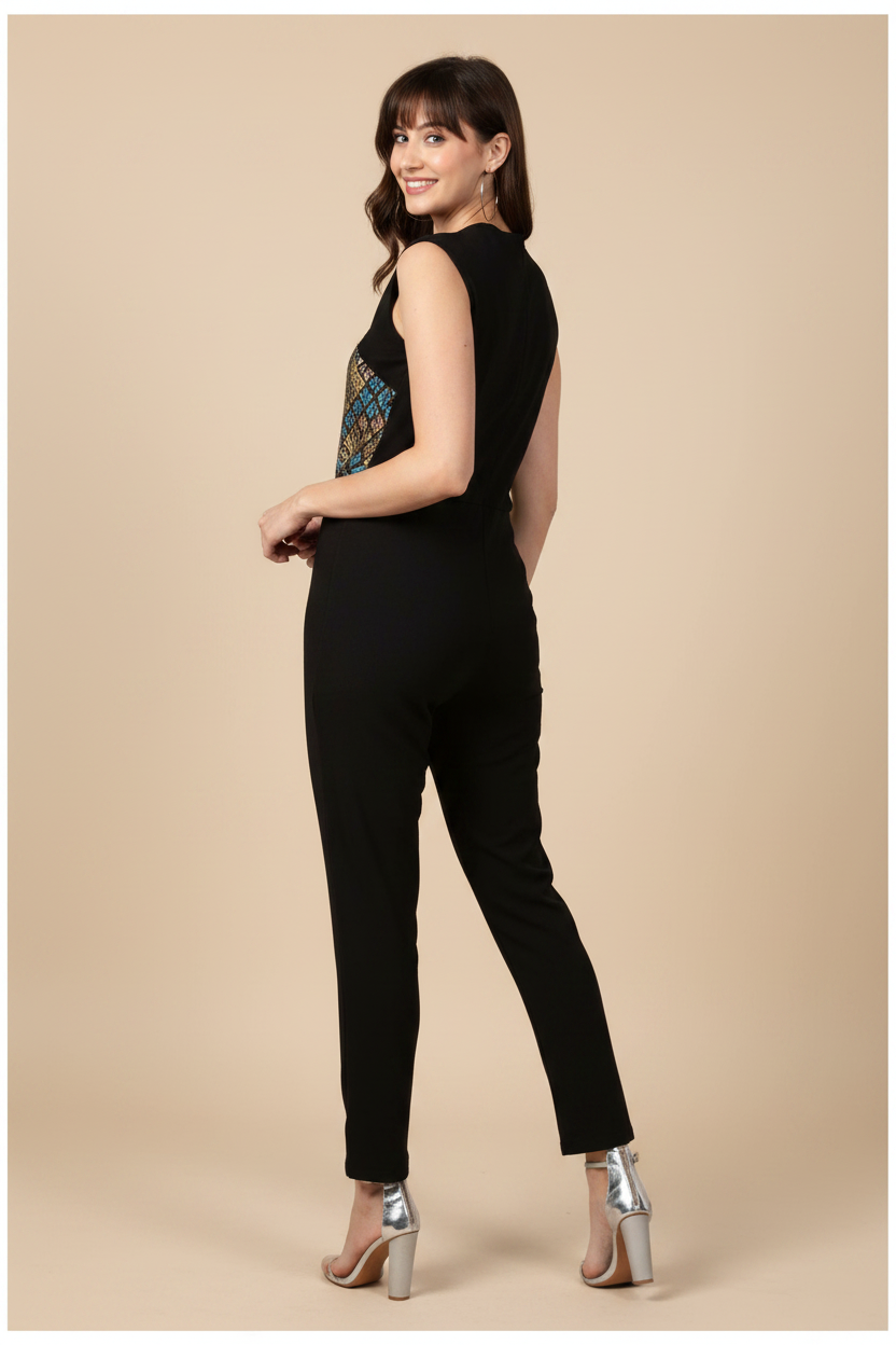 Snuggle Spot Women's Polyester Embellished Sleeveless Jumpsuit (Black)