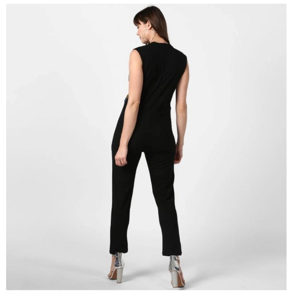 Snuggle Spot Women's Polyester Embellished Sleeveless Jumpsuit (Black)
