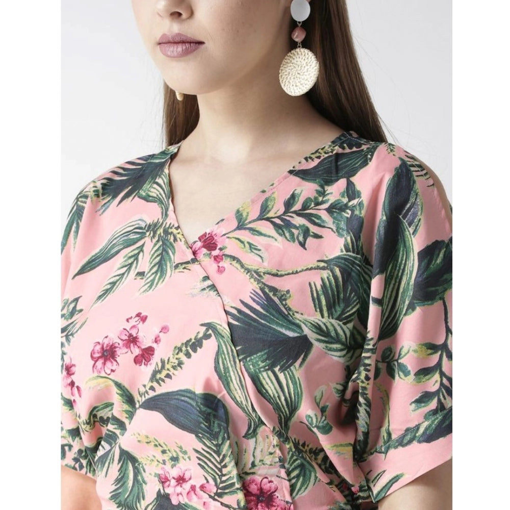 Snuggle Spot Women's Polyester Floral Half Sleeve Jumpsuit (Pink)
