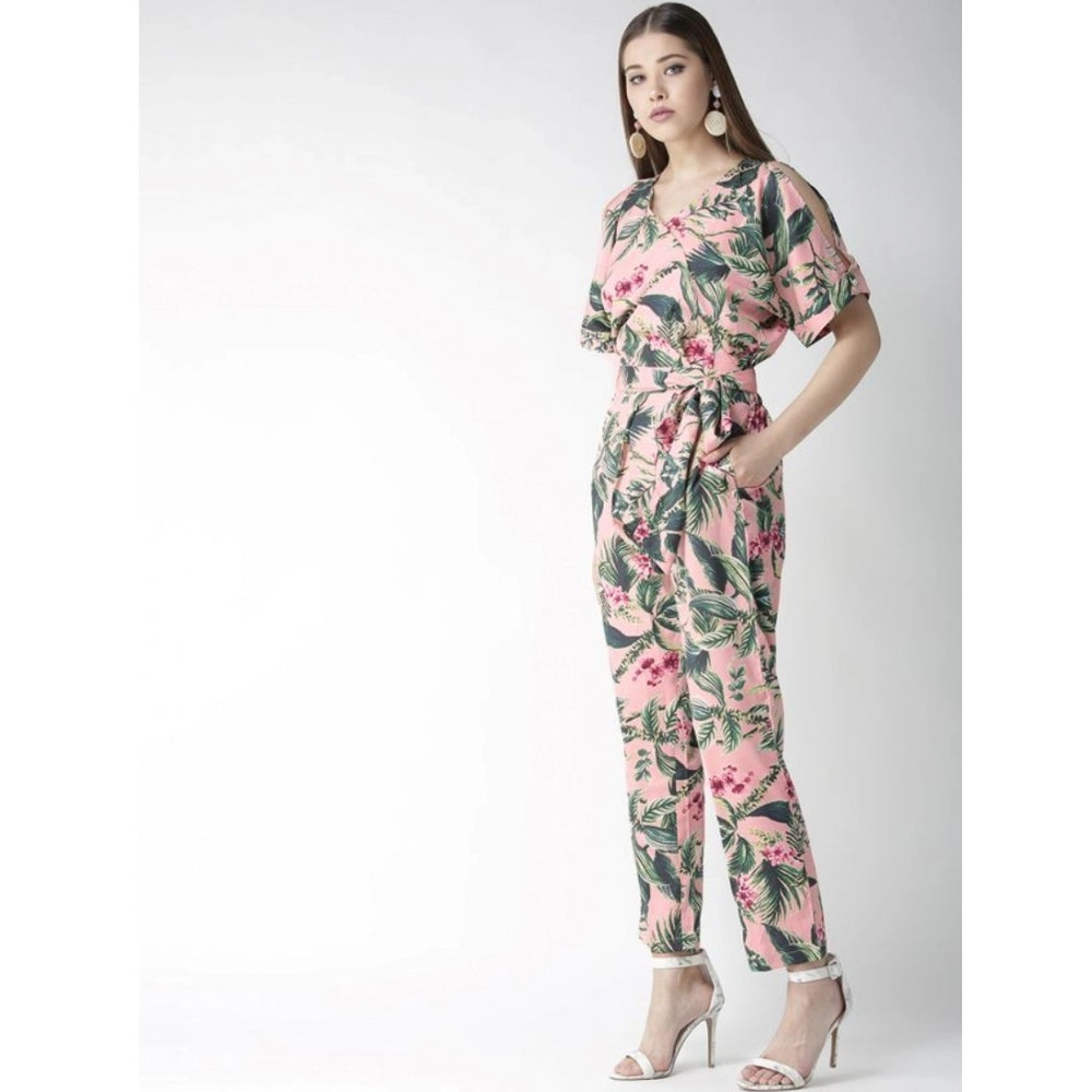 Snuggle Spot Women's Polyester Floral Half Sleeve Jumpsuit (Pink)