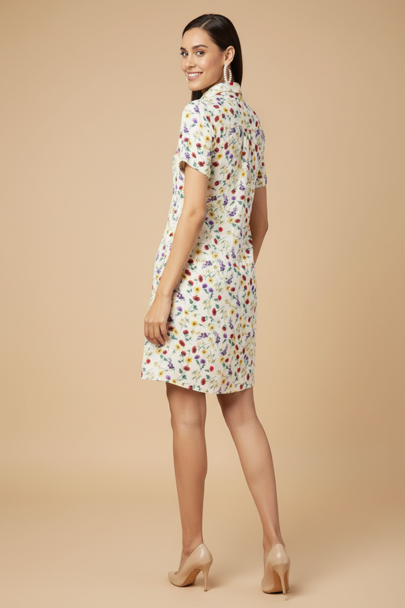 Snuggle Spot Women's Polyester Floral Short Sleeve Above Knee Dress (Multicolor)