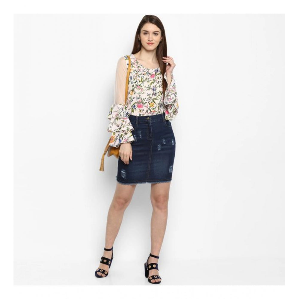 Snuggle Spot Women's Denim Distressed Buttoned Skirt (Blue)